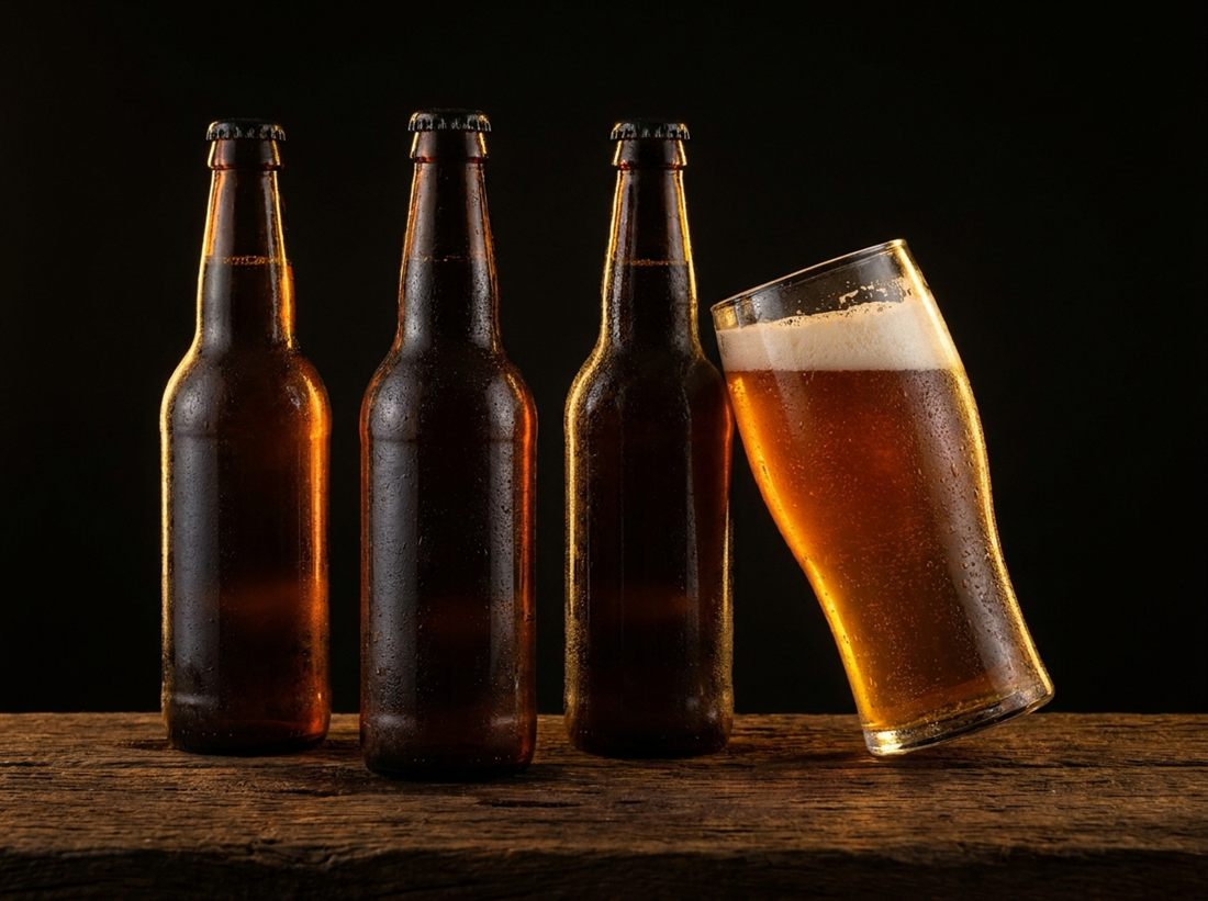 Bières artisanales en bouteille sur le bois du bar