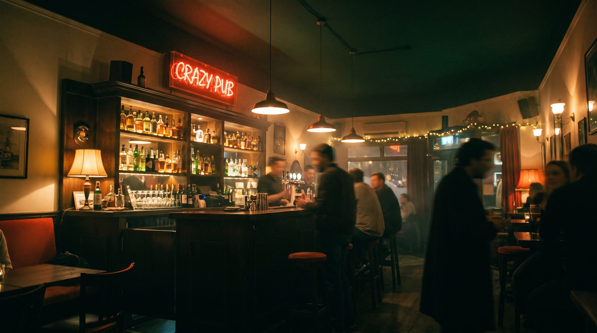 Le comptoir du Crazy Pub sous l'enseigne néon